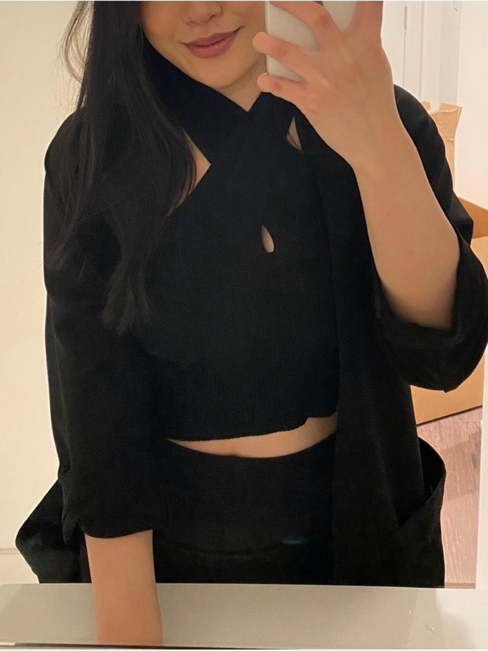 Black Ribbed Cross-Front Crop Top - Picture 2 of 2